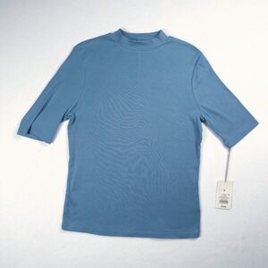 Women's Blue Mock Neck Ribbed Elbow Sleeve Top Super Soft Stretch Size Medium